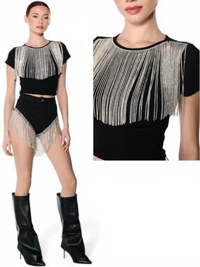 AKIRA BEYOND MY LOVE RHINESTONE FRINGE BLACK BABY TEE 🖤